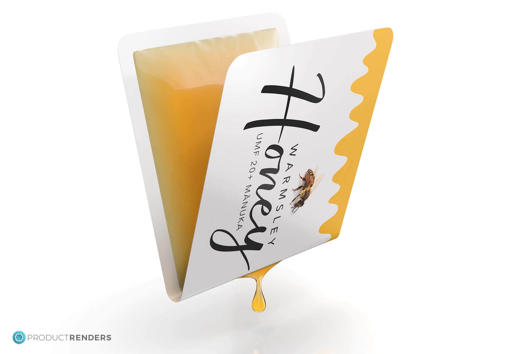 A render of a Honey Snap bent into its open position with honey droplet coming out of the bottom.