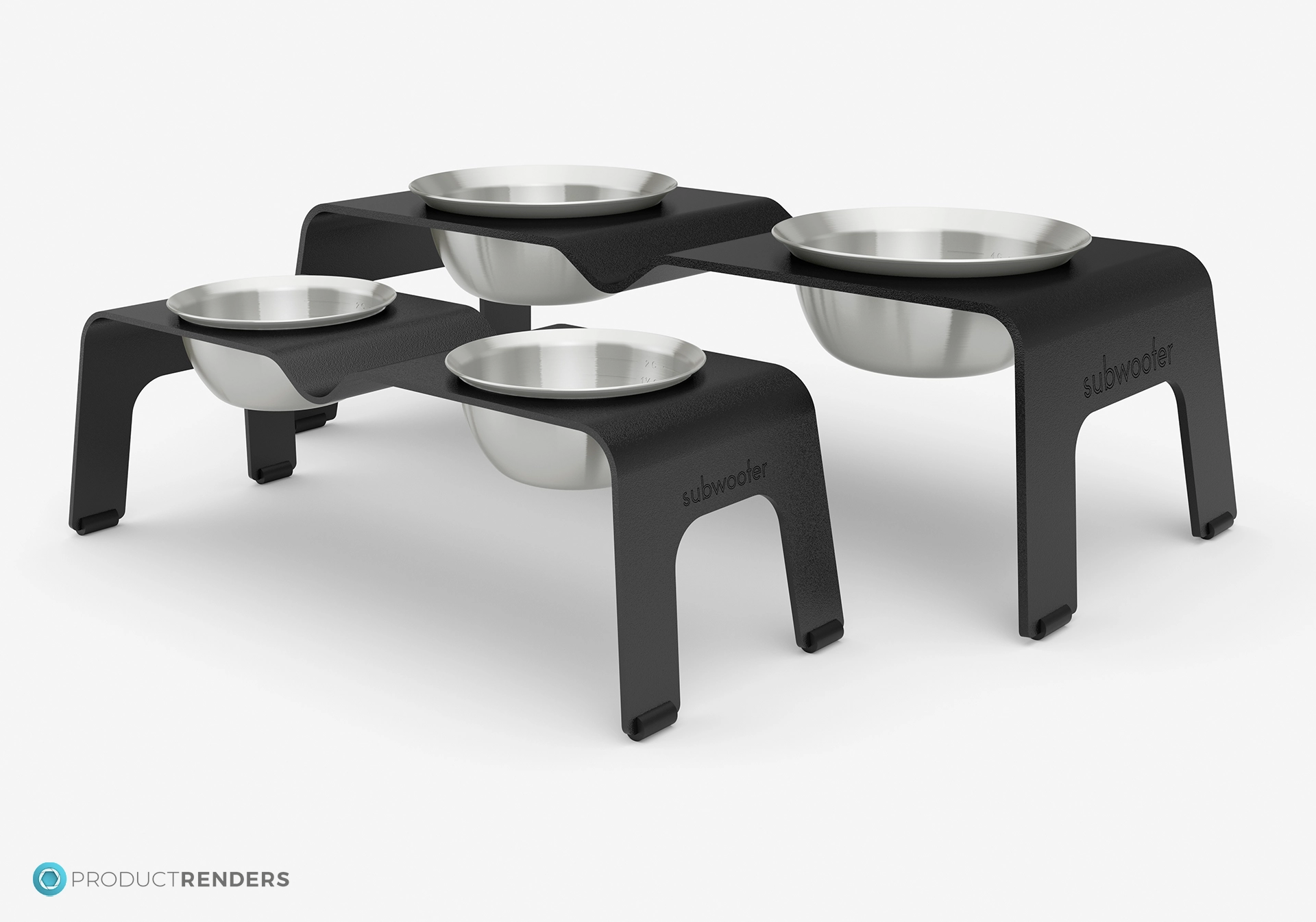 Two Subwoofer Ōhope elevated dog bowls in black showing the size comparison.