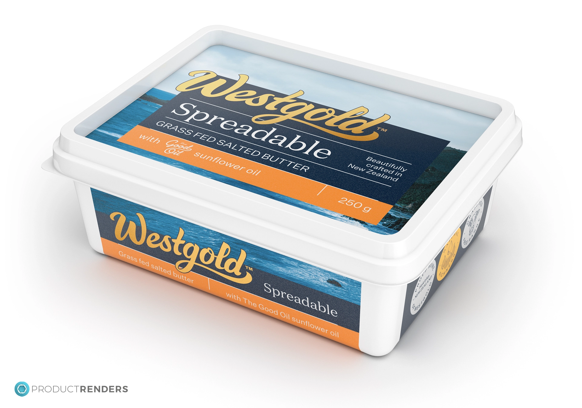A 3 quarter angle render of the Westgold Spreadable 250g retail container.