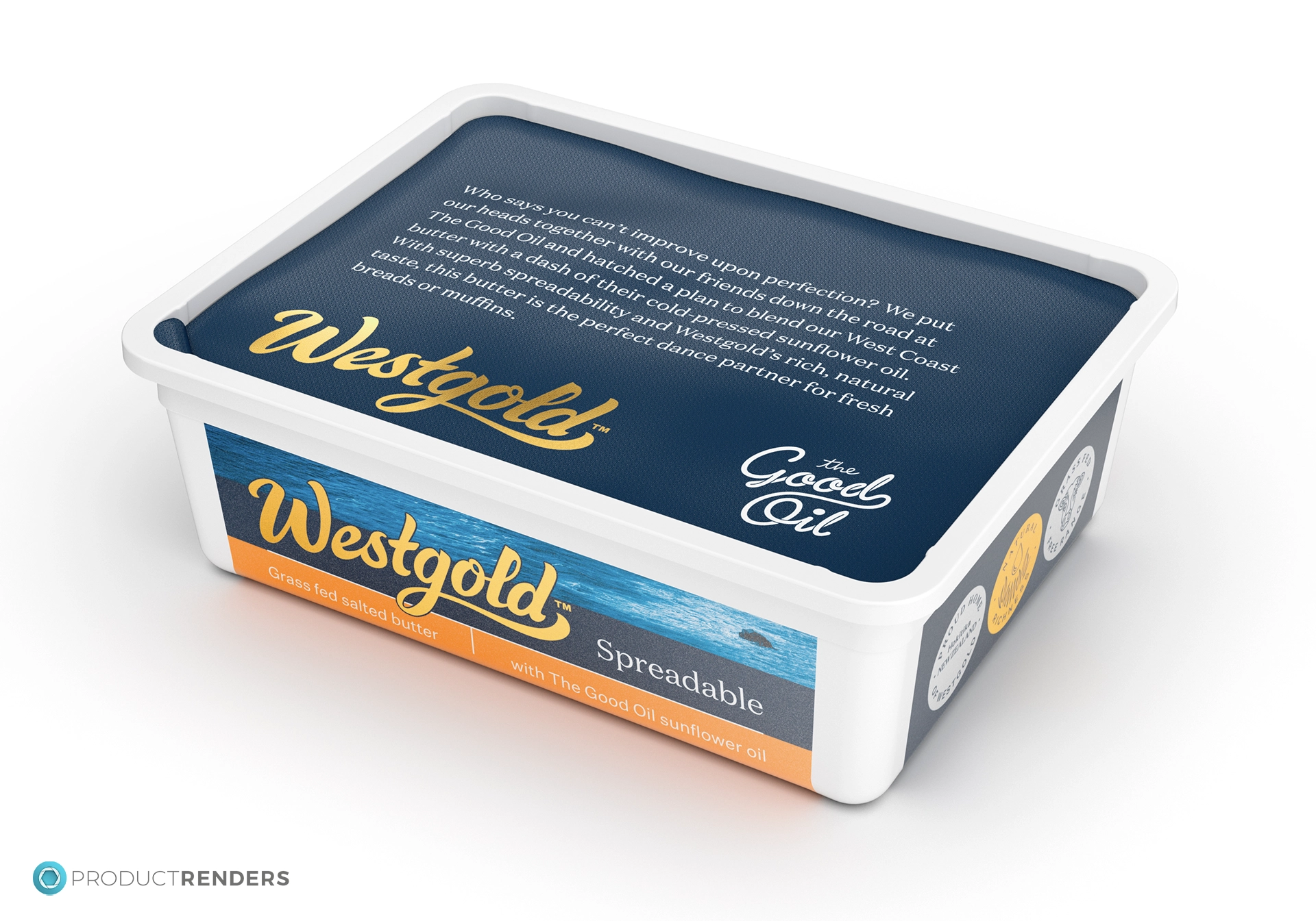 A 3 quarter angle render of the Westgold Spreadable 250g retail container with the lid off.