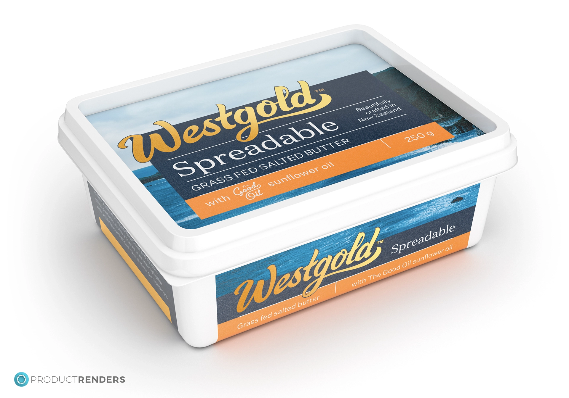 An alternative 3 quarter angle render of the Westgold Spreadable 250g retail container.