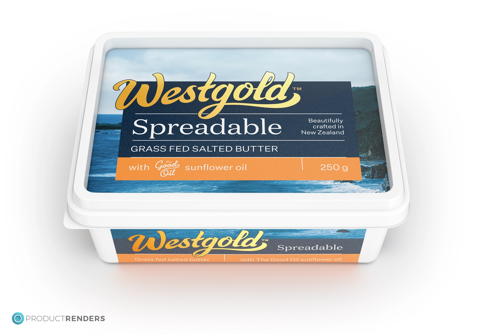 An front down angle render of the Westgold Spreadable 250g retail container.