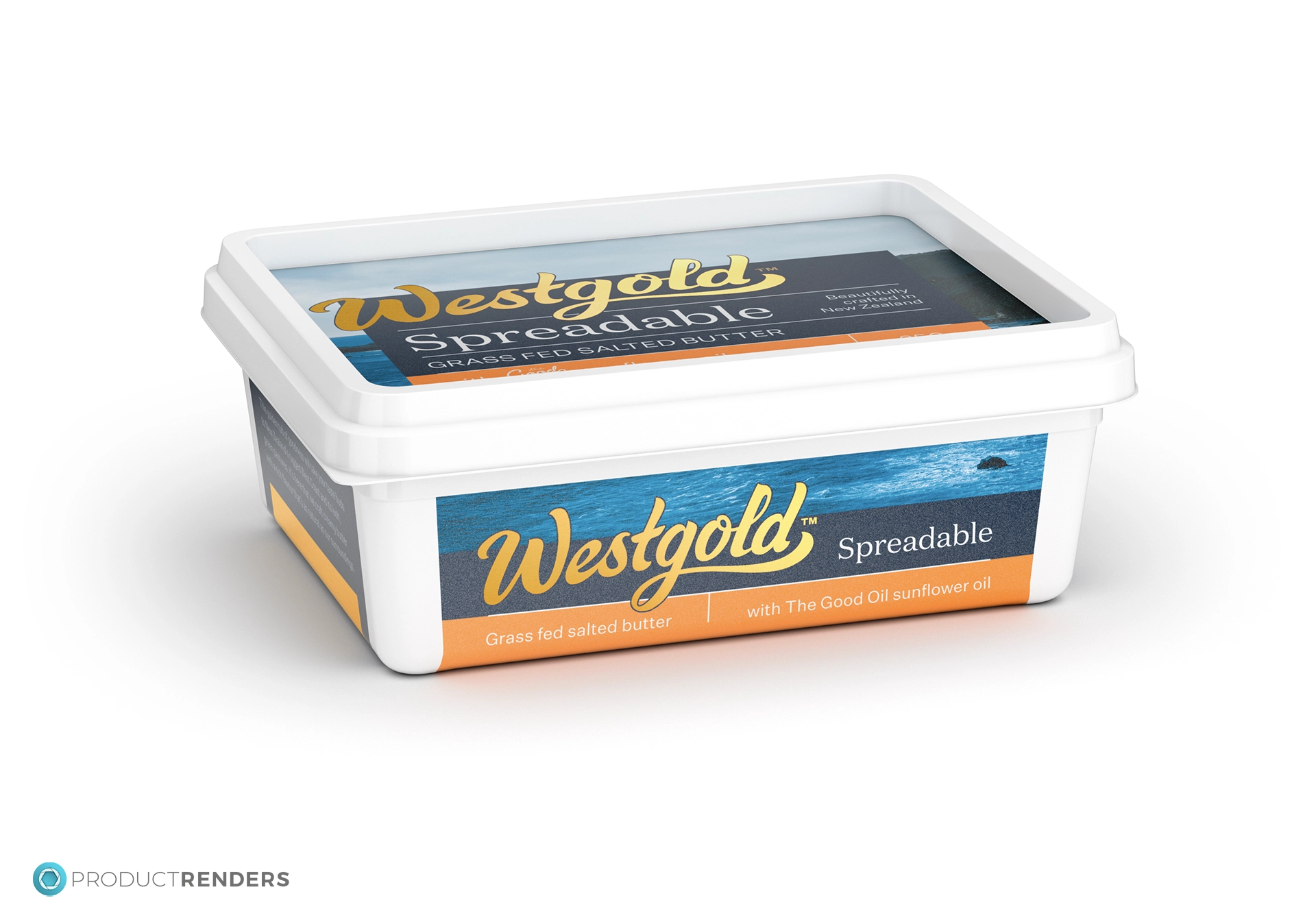 An lower 3 quarter angle render of the Westgold Spreadable 250g retail container.