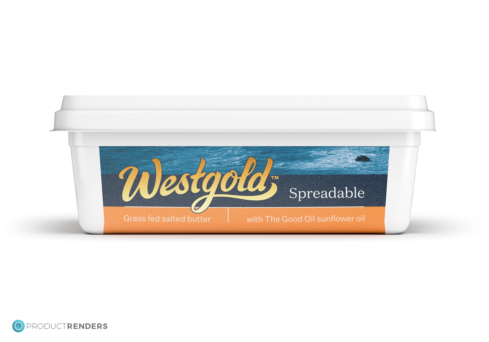 A lower side render of the Westgold Spreadable 250g retail container.