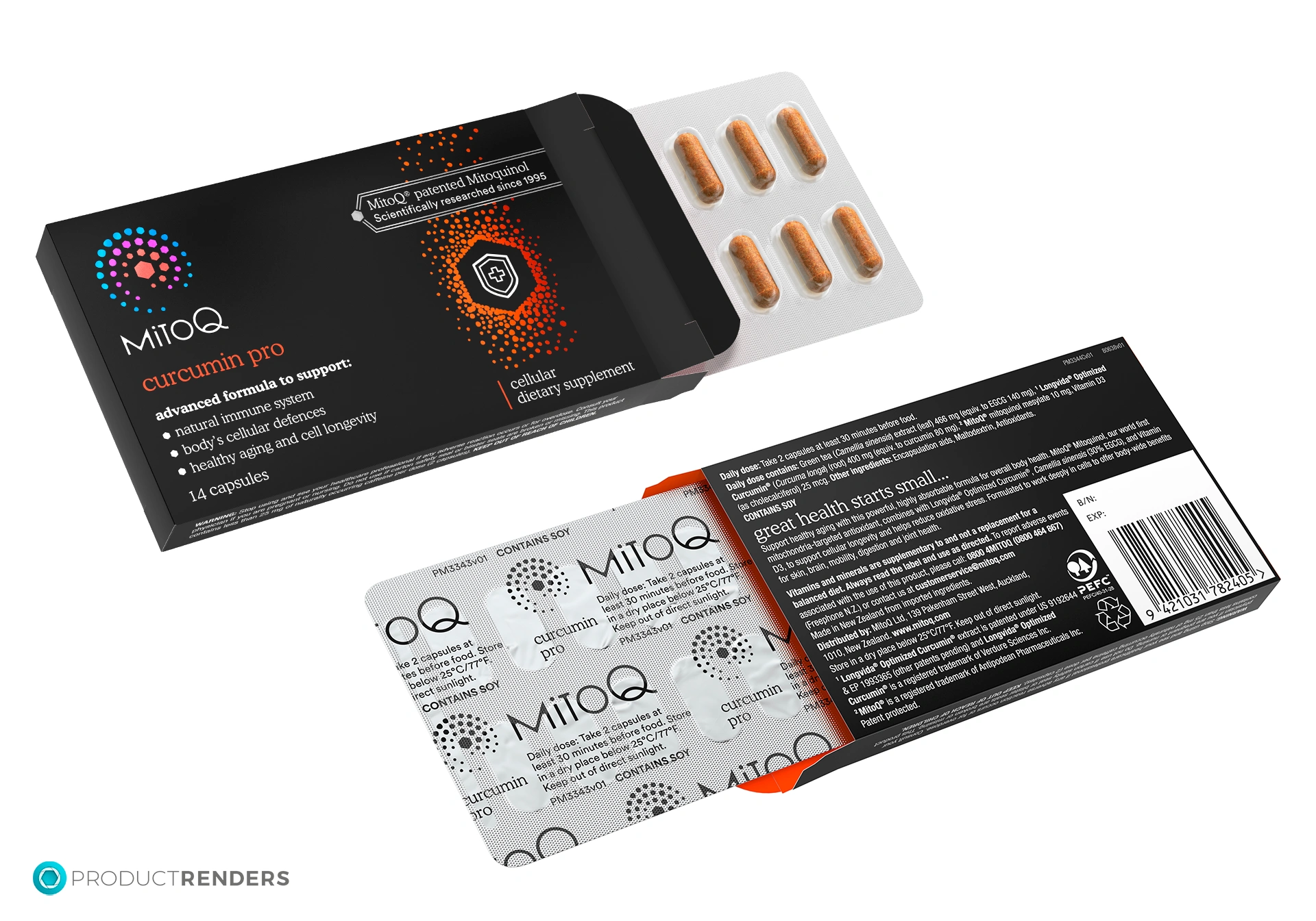 Two renders of the MitoQ Curcumin Pro blister strip inside the retail box.