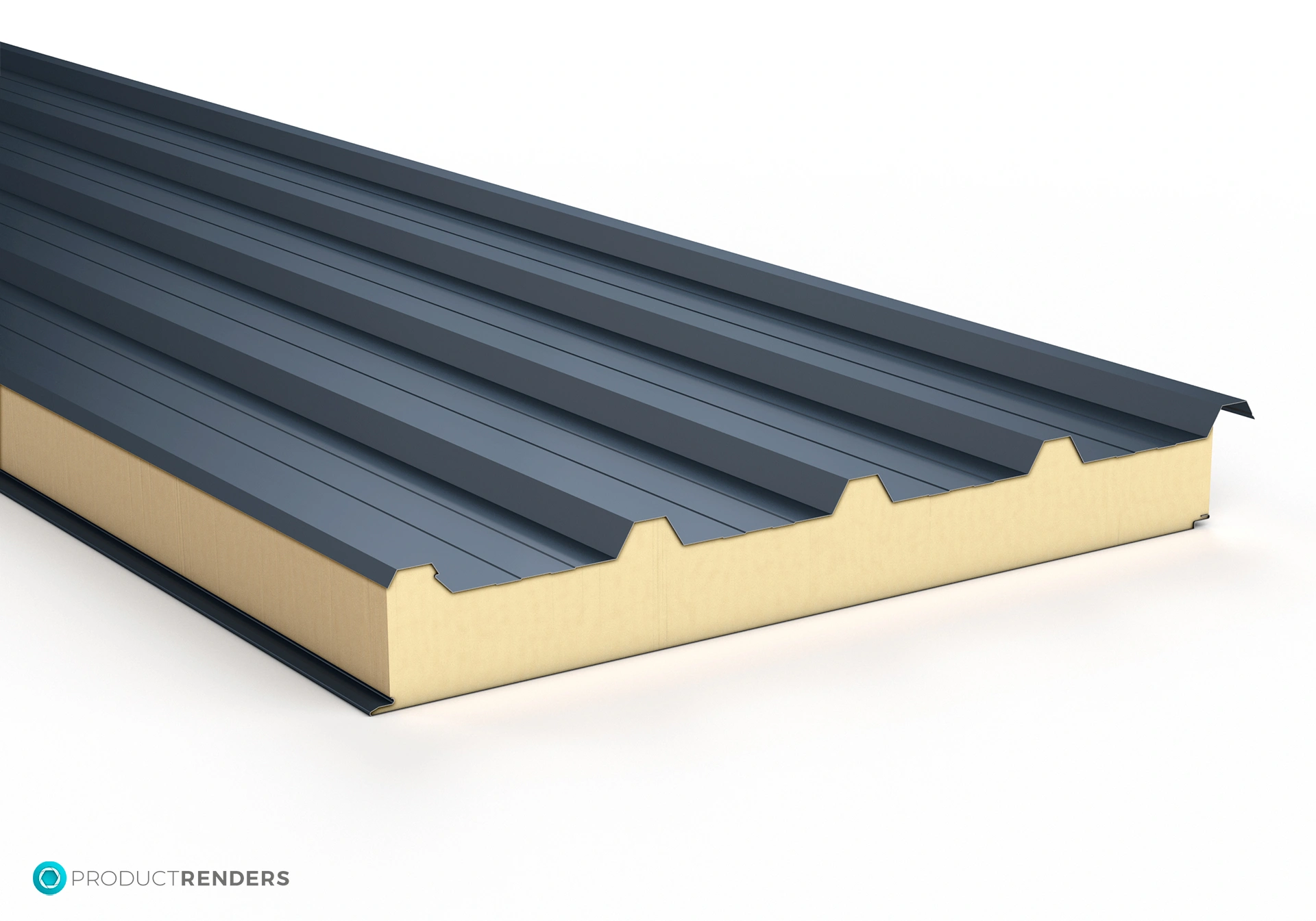 A render of a interlocking side joint roof panel.