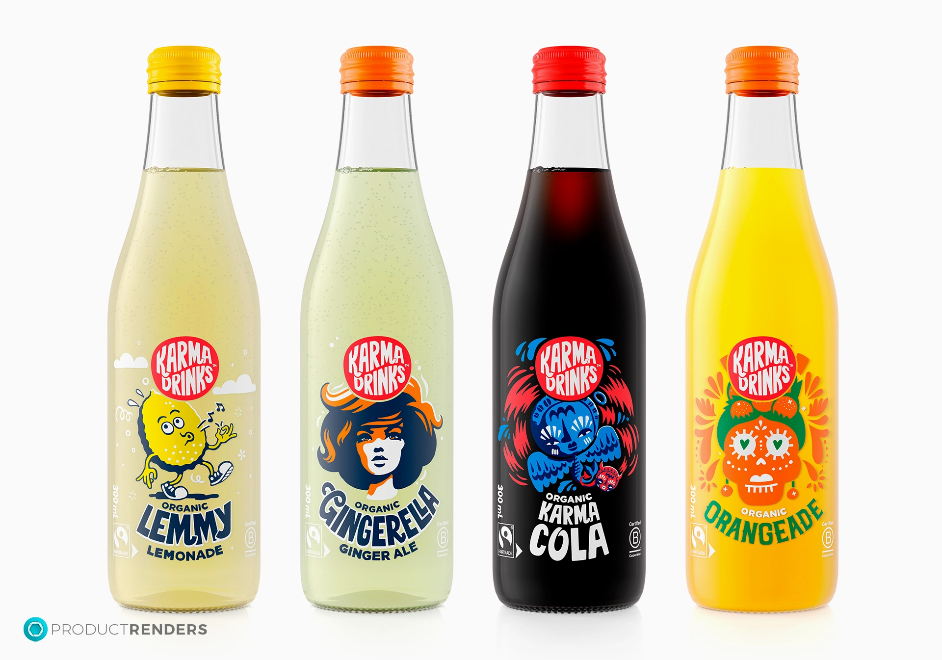 Four Karma Drinks bottles: Lemmy Lemonade, Gingerella Ginger Ale, Karma Cola and Orange-Ade.