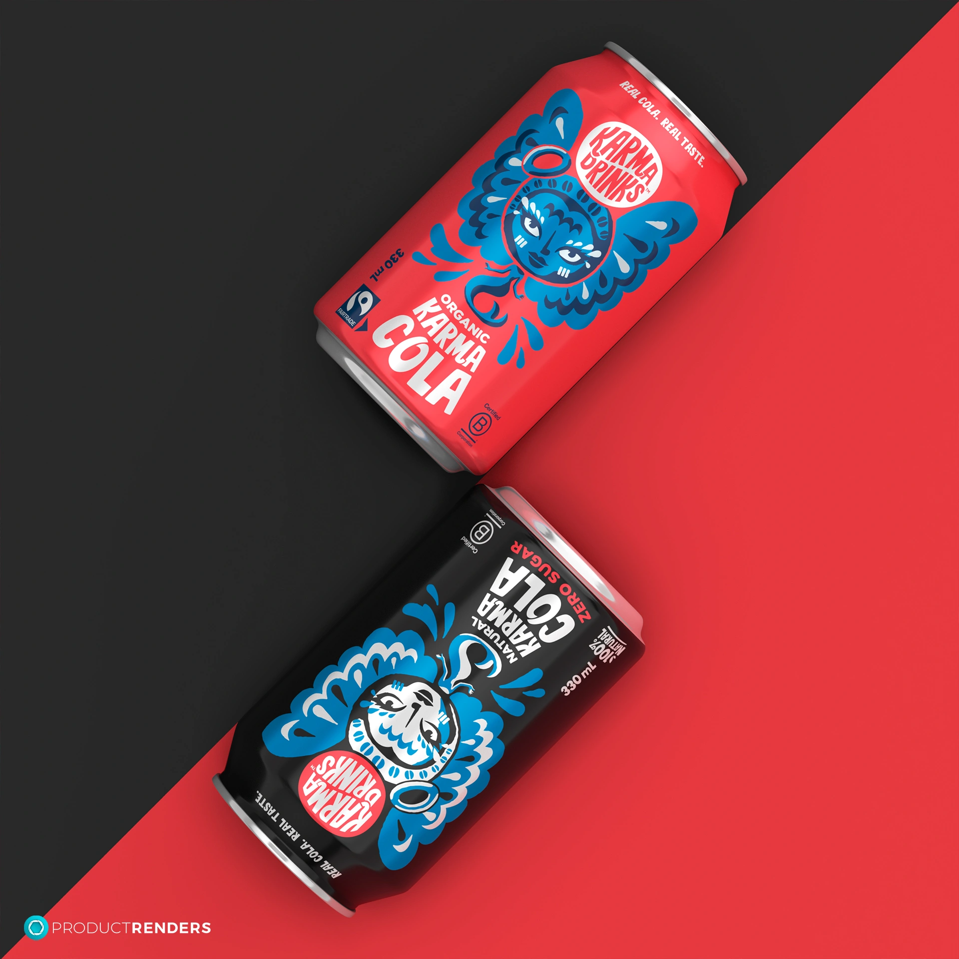 New 2026 Karma Cola, Cans - both regular and sugar free options on a black and red background.