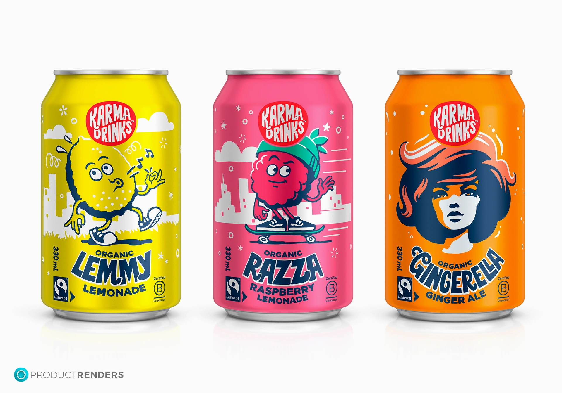 Three Karma Drinks cans: Lemmy Lemonade, Razza Raspberry Lemonade and Gingerella Ginger Ale.