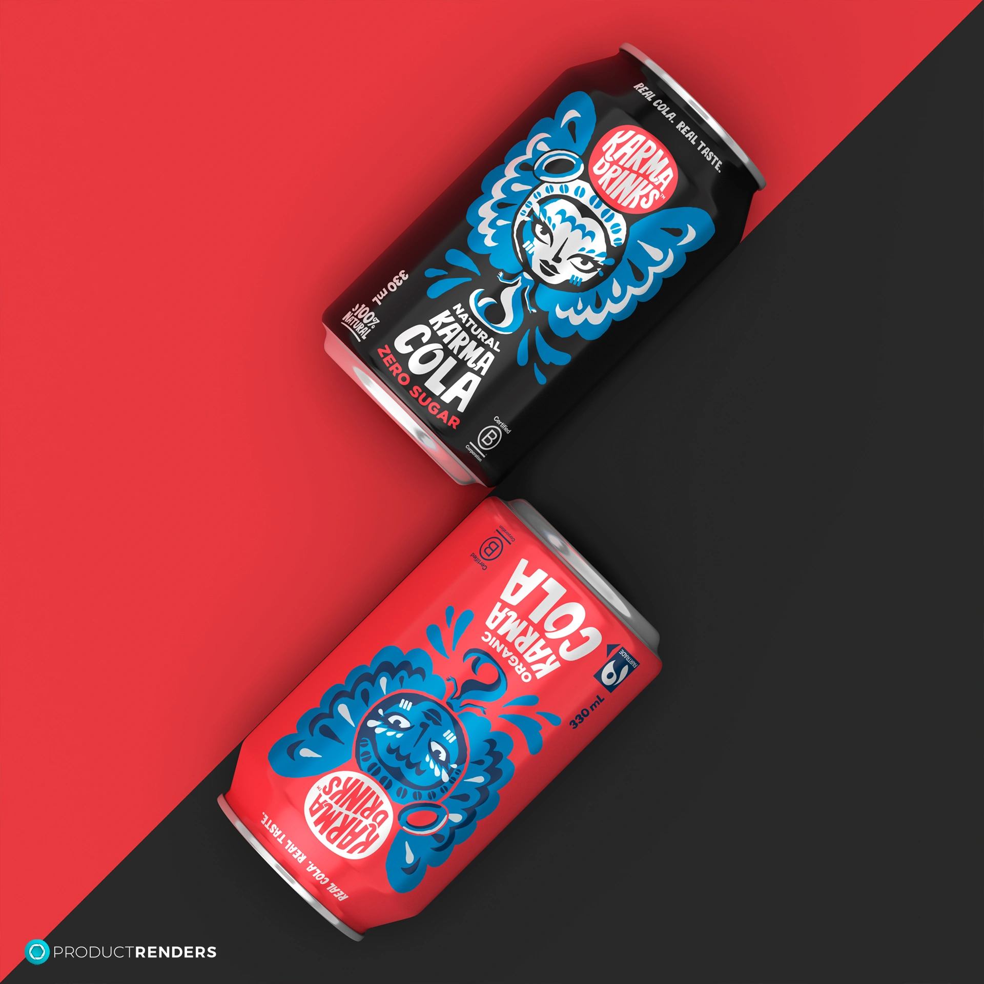 New 2026 Karma Cola, Cans - both regular and sugar free options on a red and black background.