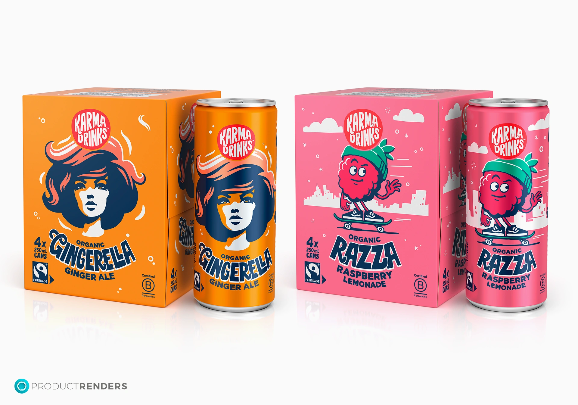 Two packs of Karma Drinks, one Gingerella Ginger Ale and one Razza Raspberry Lemonade.