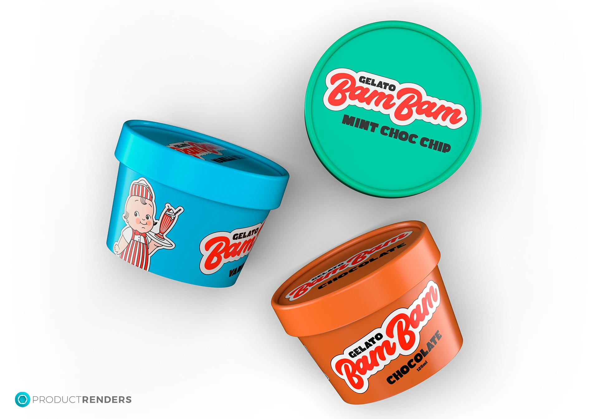 Three small tubs of Bam Bam Gelato in different colours. One is mint choc chip, one is chocolate, and one is chocolate chip.