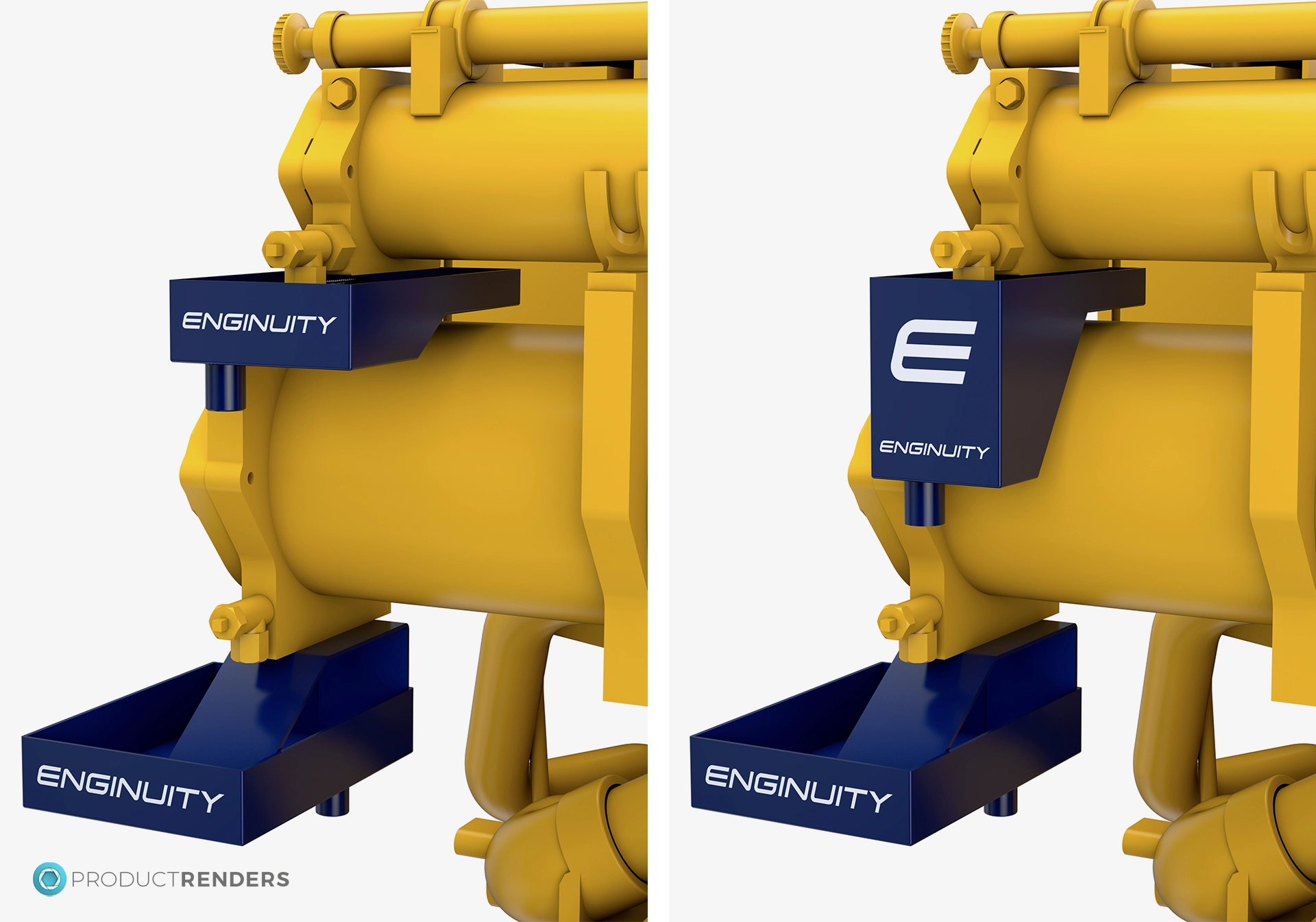 Insitu 3D renders of the ENGINUITY Custom Drip Trays for CAT3500 Series.