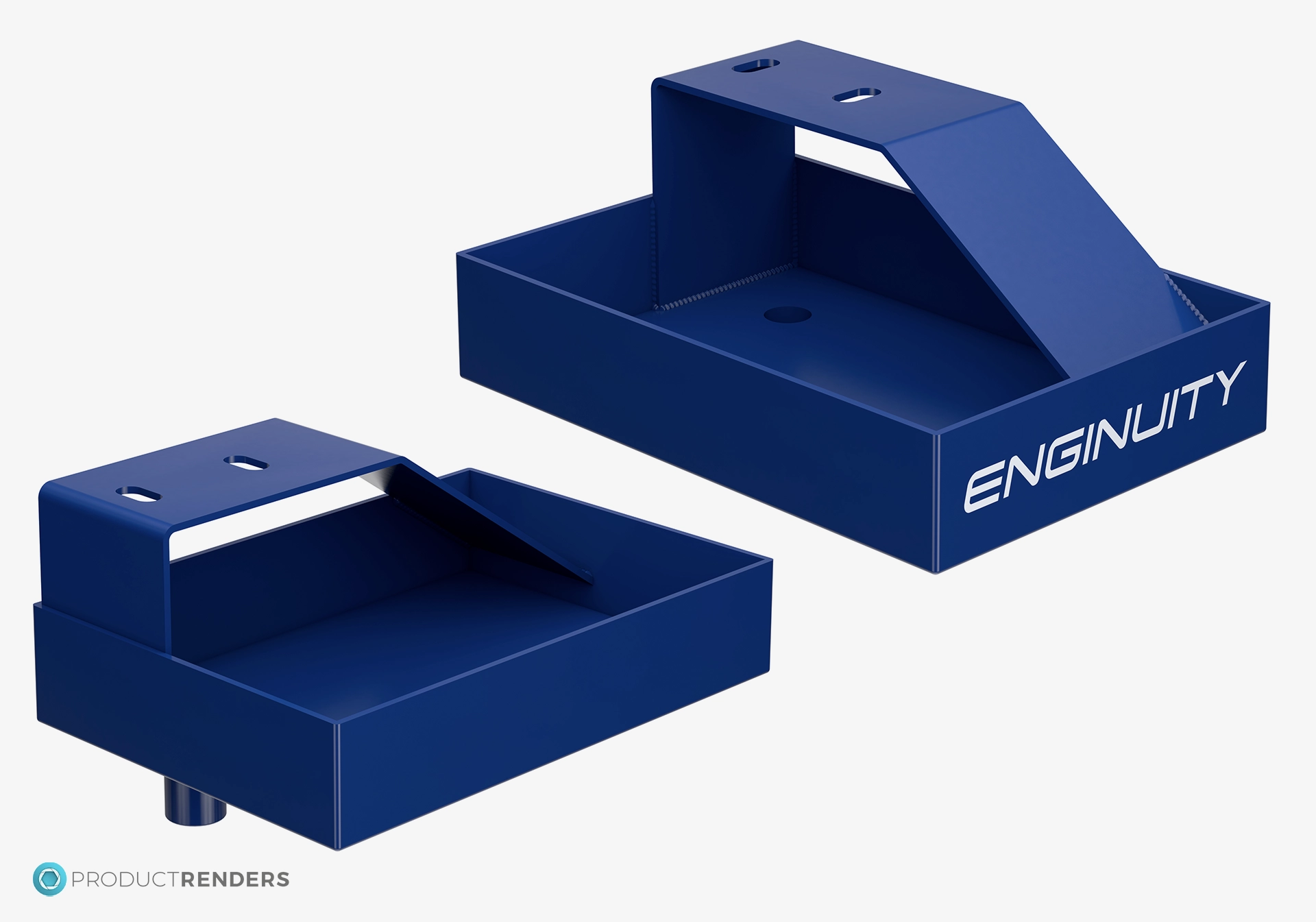 3D renders of the ENGINUITY Custom Drip Trays for CAT3500 Series - Front & back angles.