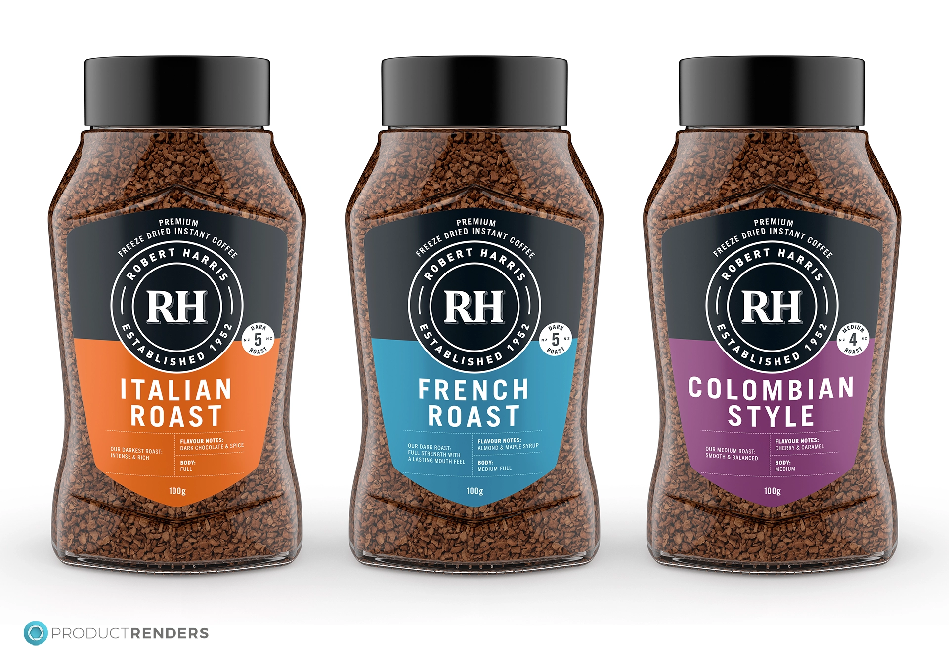 Three jars of Robert Harris instant coffee in different flavours: Italian Roast, French Roast and Colombian Blend.