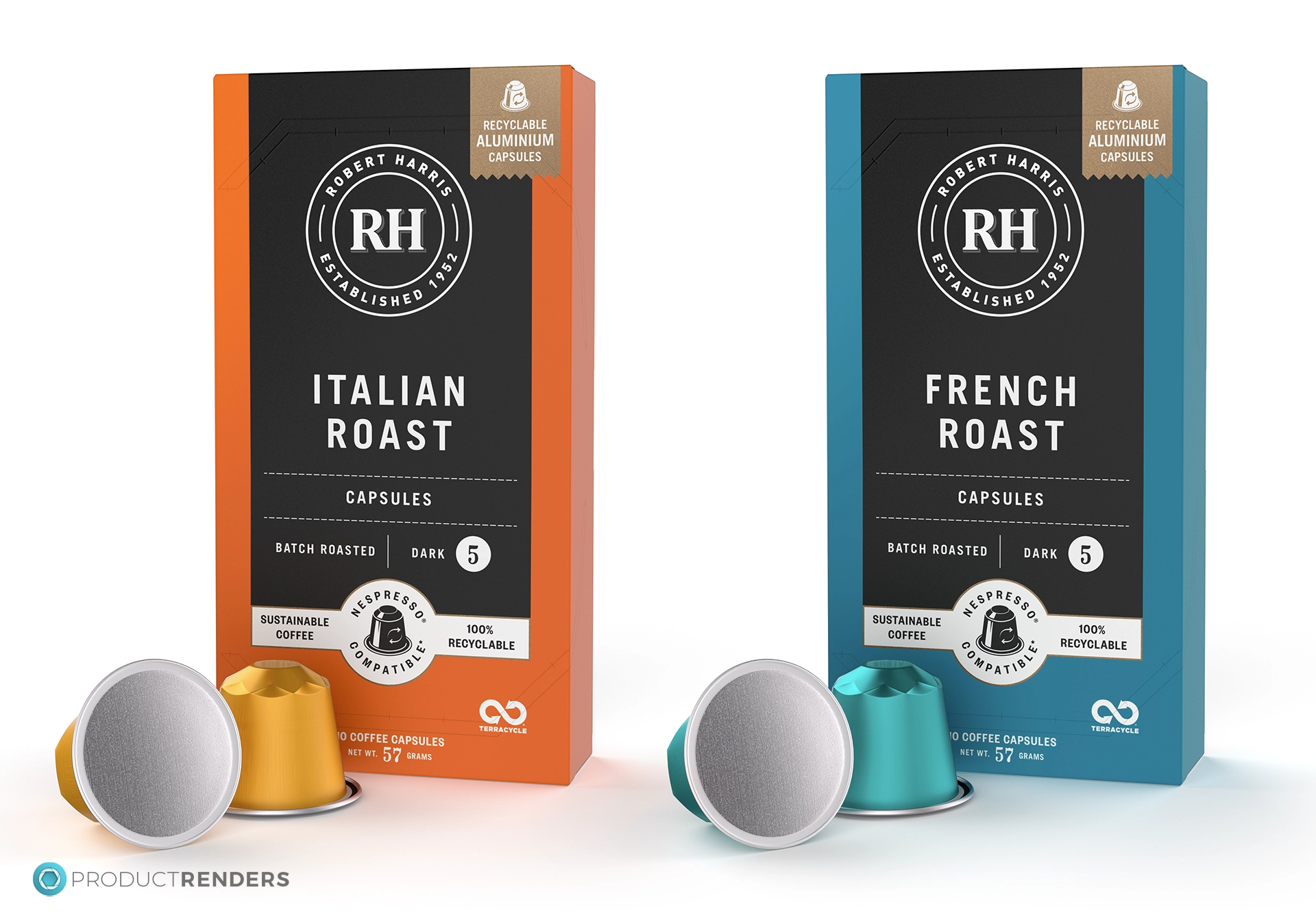 Two Robert Harris Nespress compatible coffee capsule boxes in different flavours: Italian Roast and French Roast.