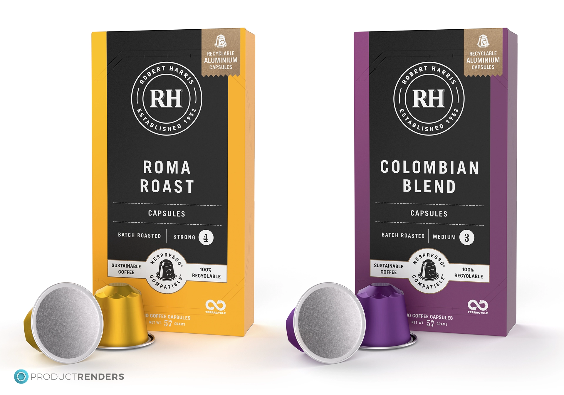 Two Robert Harris Nespress compatible coffee capsule boxes in different flavours: Roma Roast and Colombian Blend.