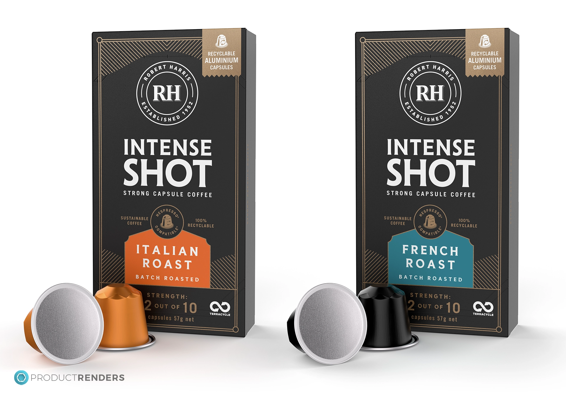 Two Robert Harris Nespress compatible Intense Shot coffee capsule boxes in different flavours: Italian Roast and Frence Roast.