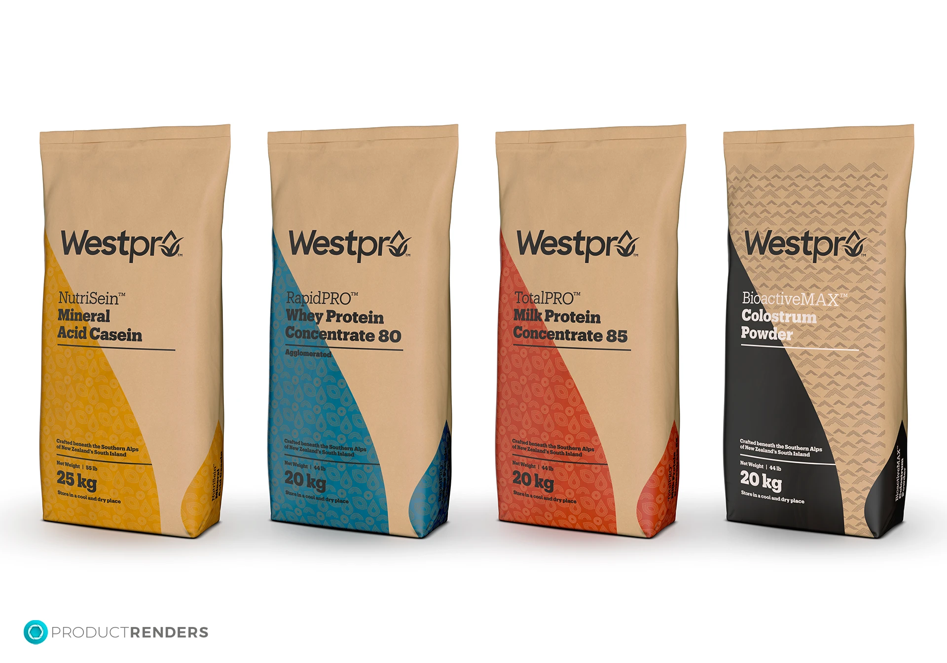 4x Angled of pack 3D renders of the Westpro Milk Powder range
